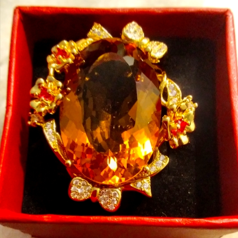 Large yellow Citrine gold plated ring